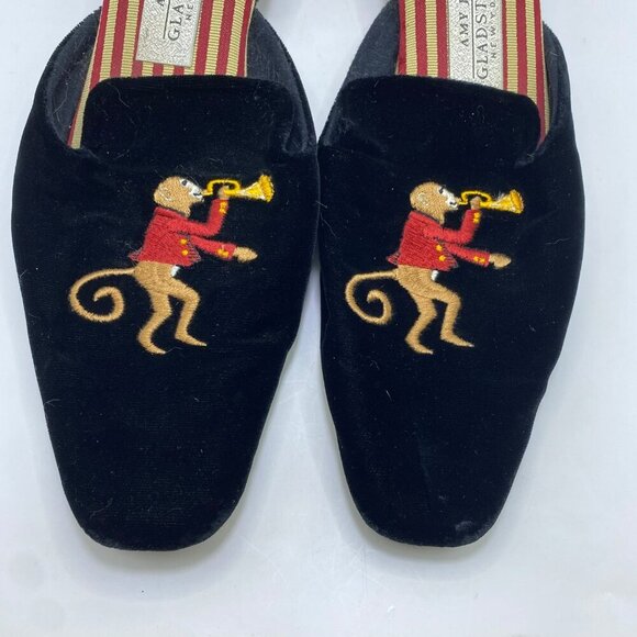 Amy Jo Gladstone Black Velvet Monkey Paying  Trumpet Slip On Mules Size Medium - Picture 3 of 13